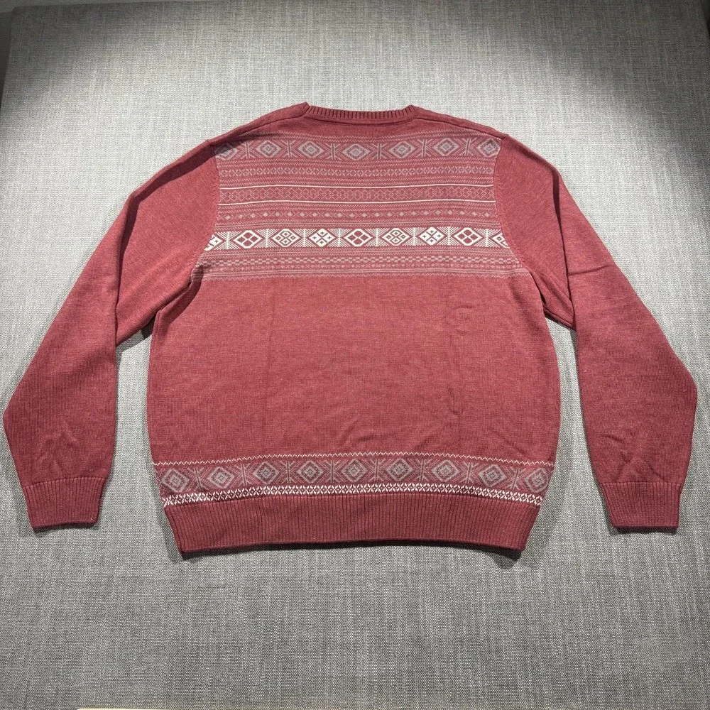John Henry Sweater Mens 2XL Red Fair Isle Knit Crewneck Pullover Nordic